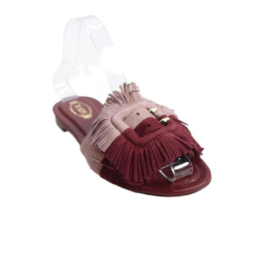 Tods Womens Leather Two Tone Fringed Suede Slide Sandals Burgundy Size 5.5